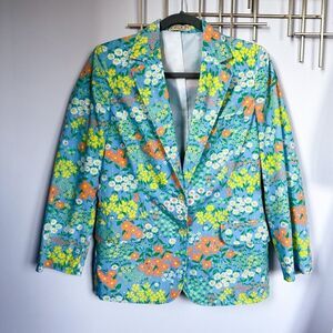 Vintage Flower Power Blue Orange Cotton Blazer Size Small